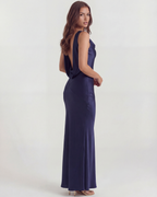 Sapphire Satin Cowl-Neck Maxi Dress