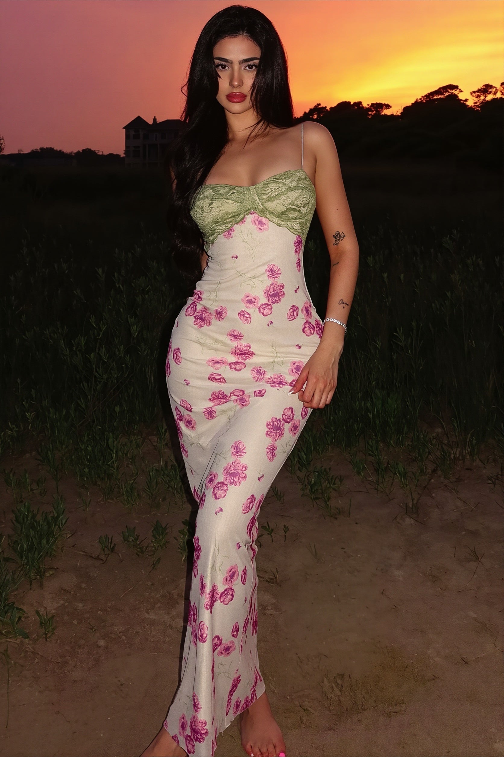 Floral Contrast-Lace Cami Maxi Dress