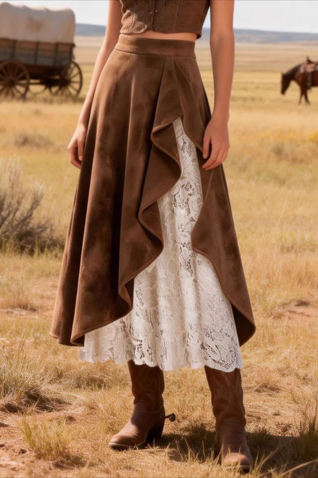 Suede Lace-Panel Midi Skirt