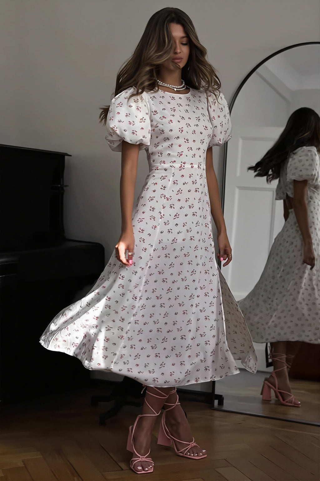 Floral Puff-Sleeve Split Maxi Dress