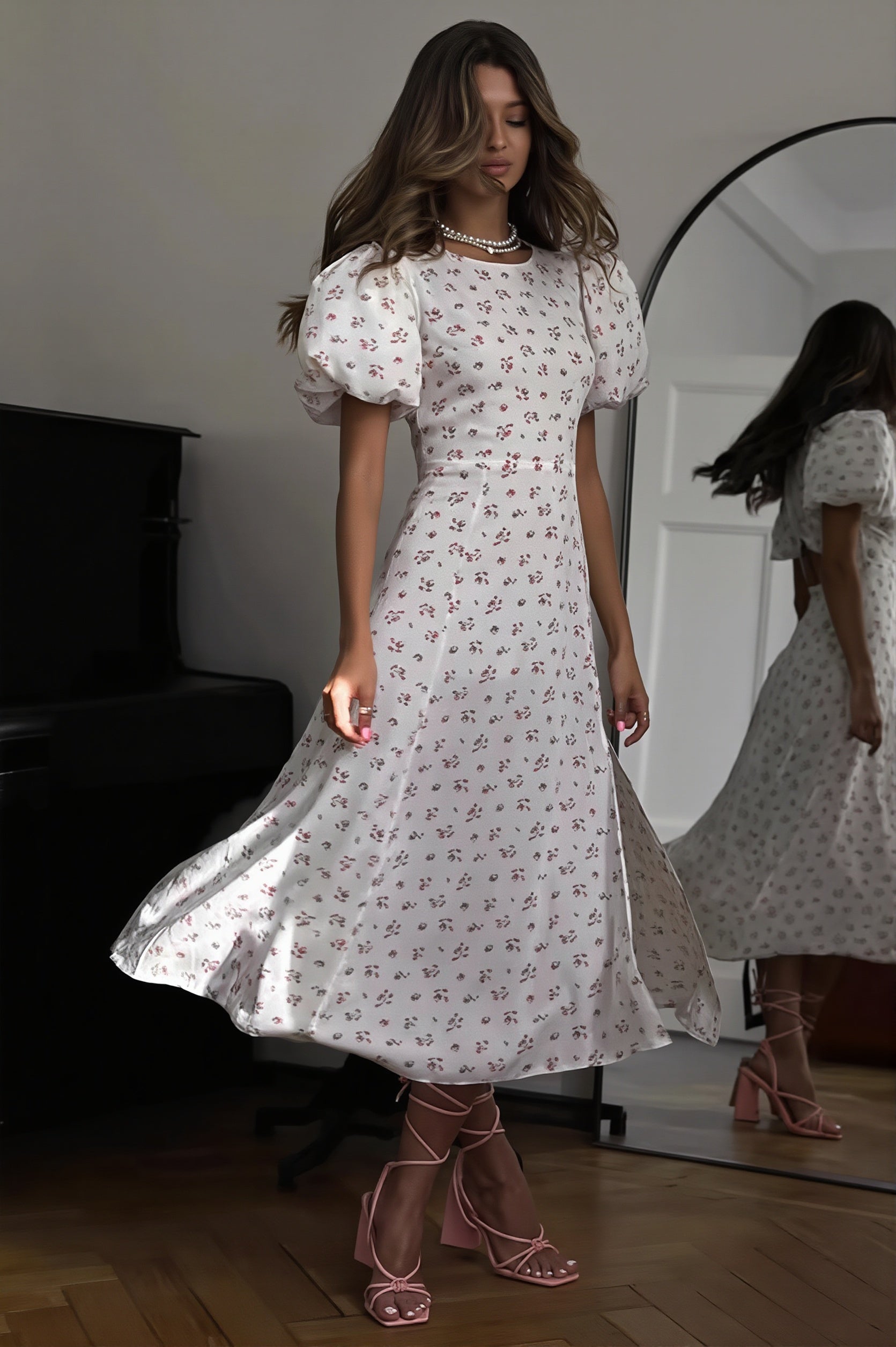 Floral Puff-Sleeve Split Maxi Dress