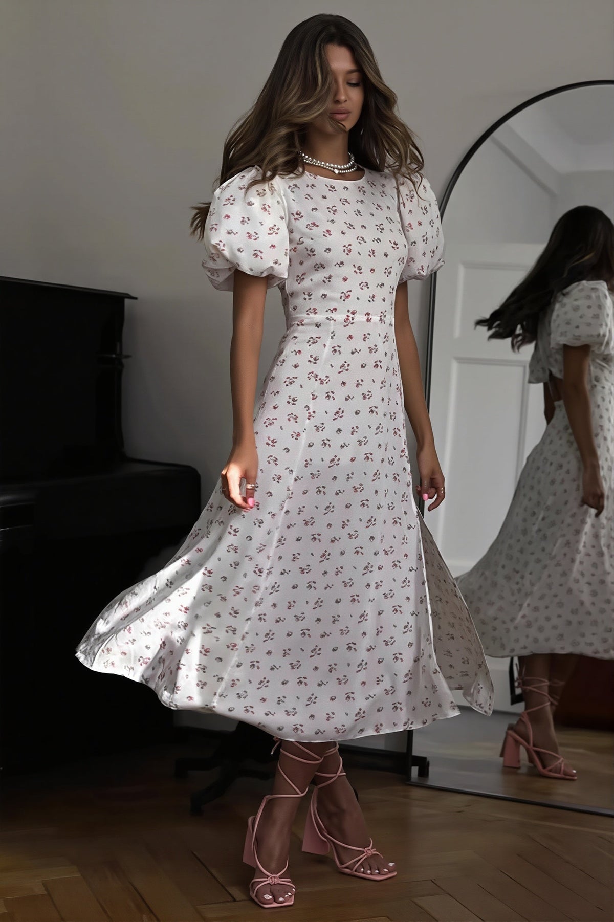 Floral Puff-Sleeve Split Maxi Dress