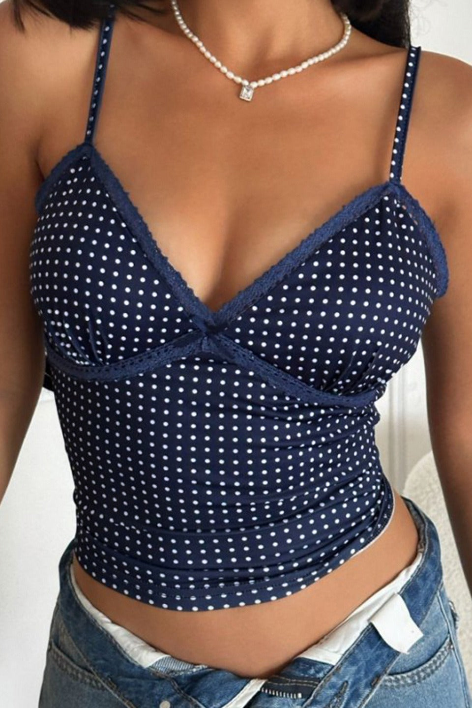 Polka Dot Color-Block Lace Cami Top