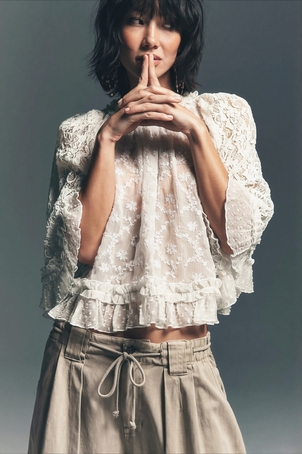 Lace Ruffle-Sleeve Crop Blouse