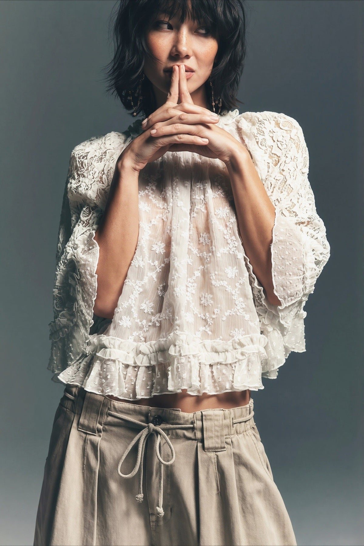 Lace Ruffle-Sleeve Crop Blouse