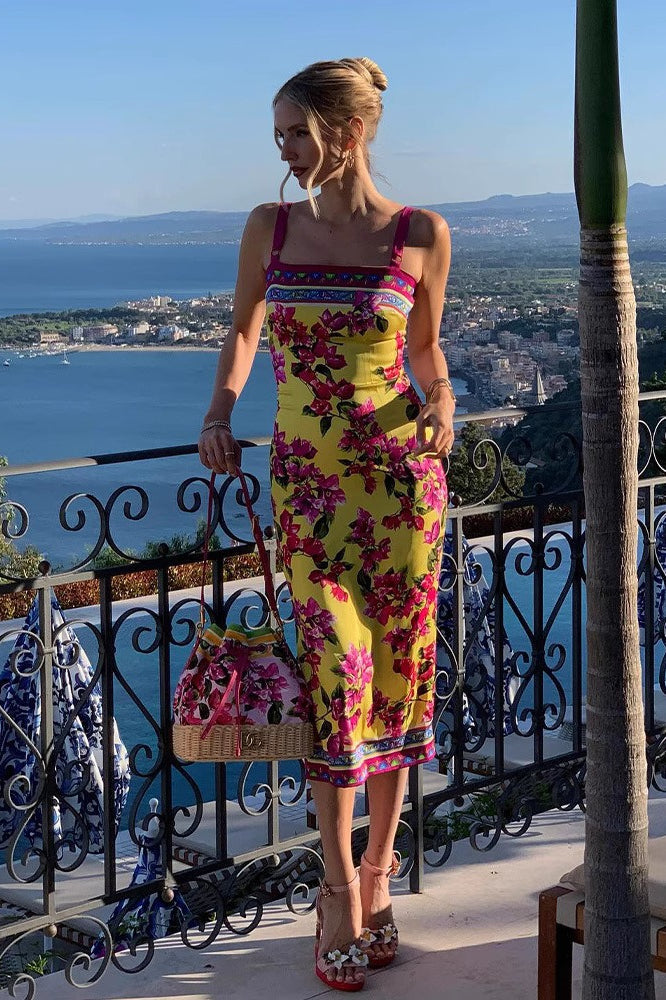 Vintage-Print Cami Slim Midi Dress