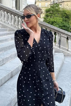Polka Dot V-Neck High-Slit Midi Dress