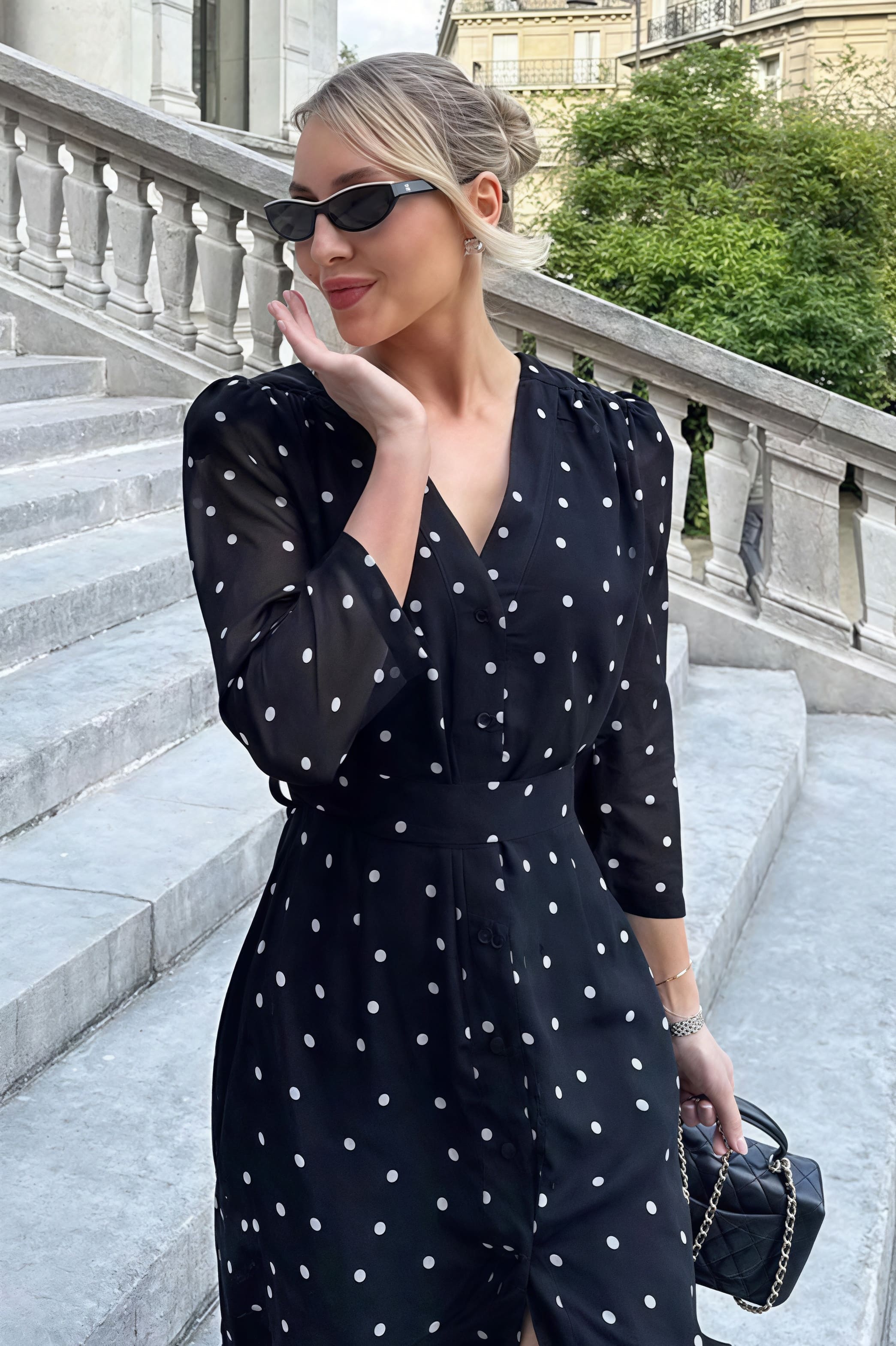 Polka Dot V-Neck High-Slit Midi Dress