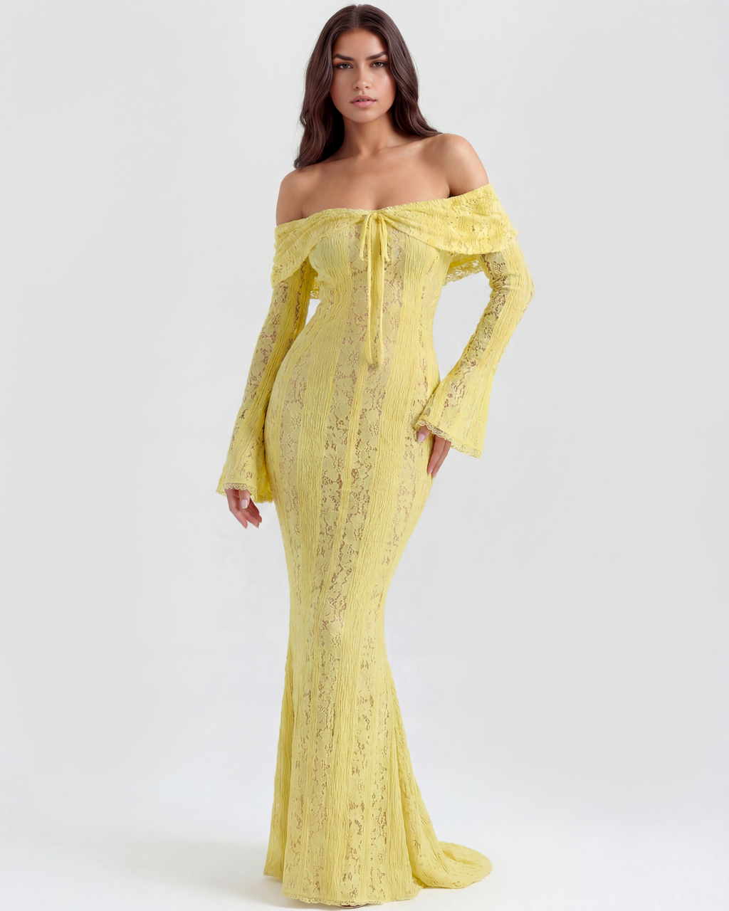 Alessandra Yellow Floral Lace Off-Shoulder Maxi Dress