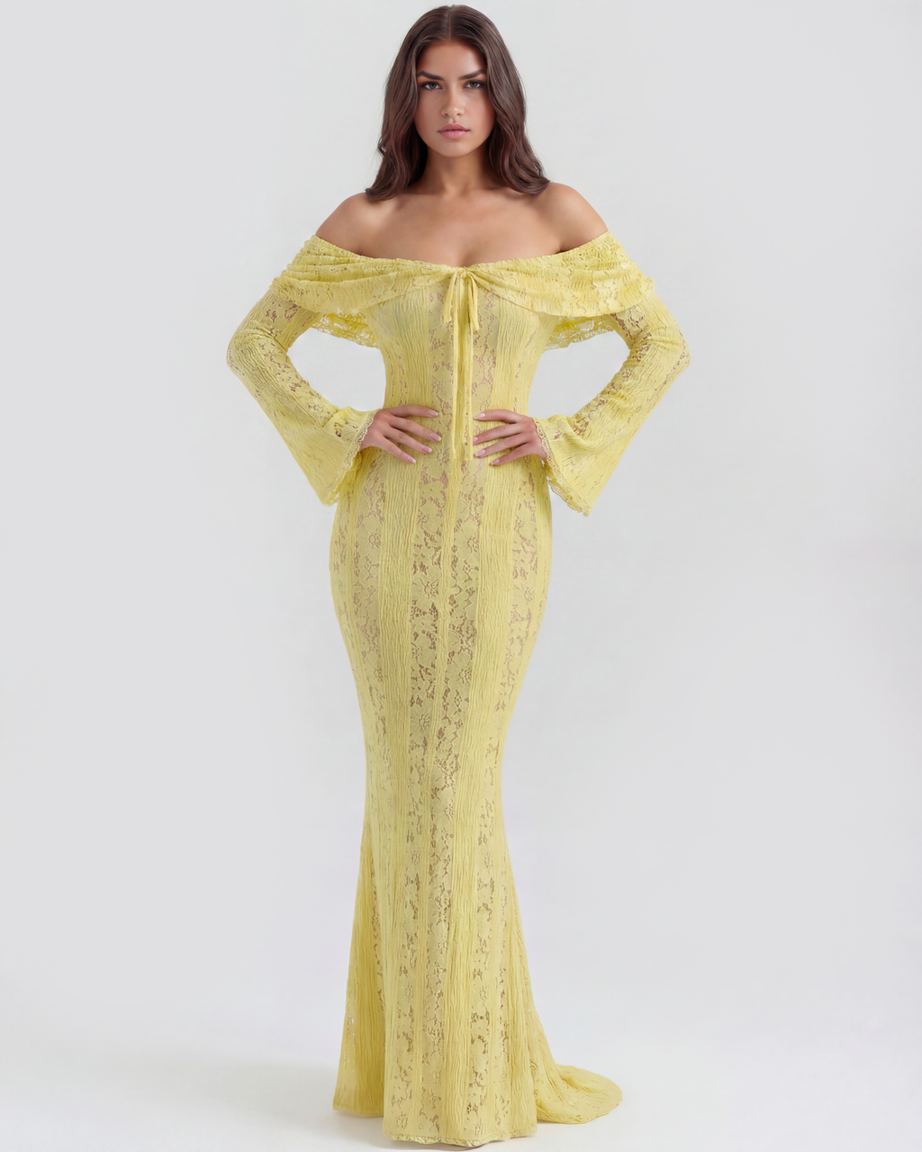 Alessandra Yellow Floral Lace Off-Shoulder Maxi Dress