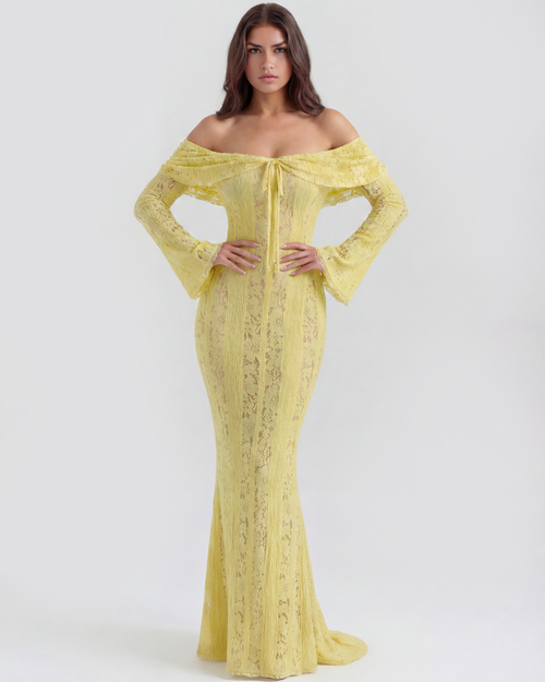 Alessandra Yellow Floral Lace Off-Shoulder Maxi Dress