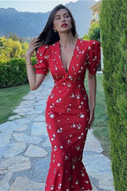 Floral Puff-Sleeve Fitted Dress