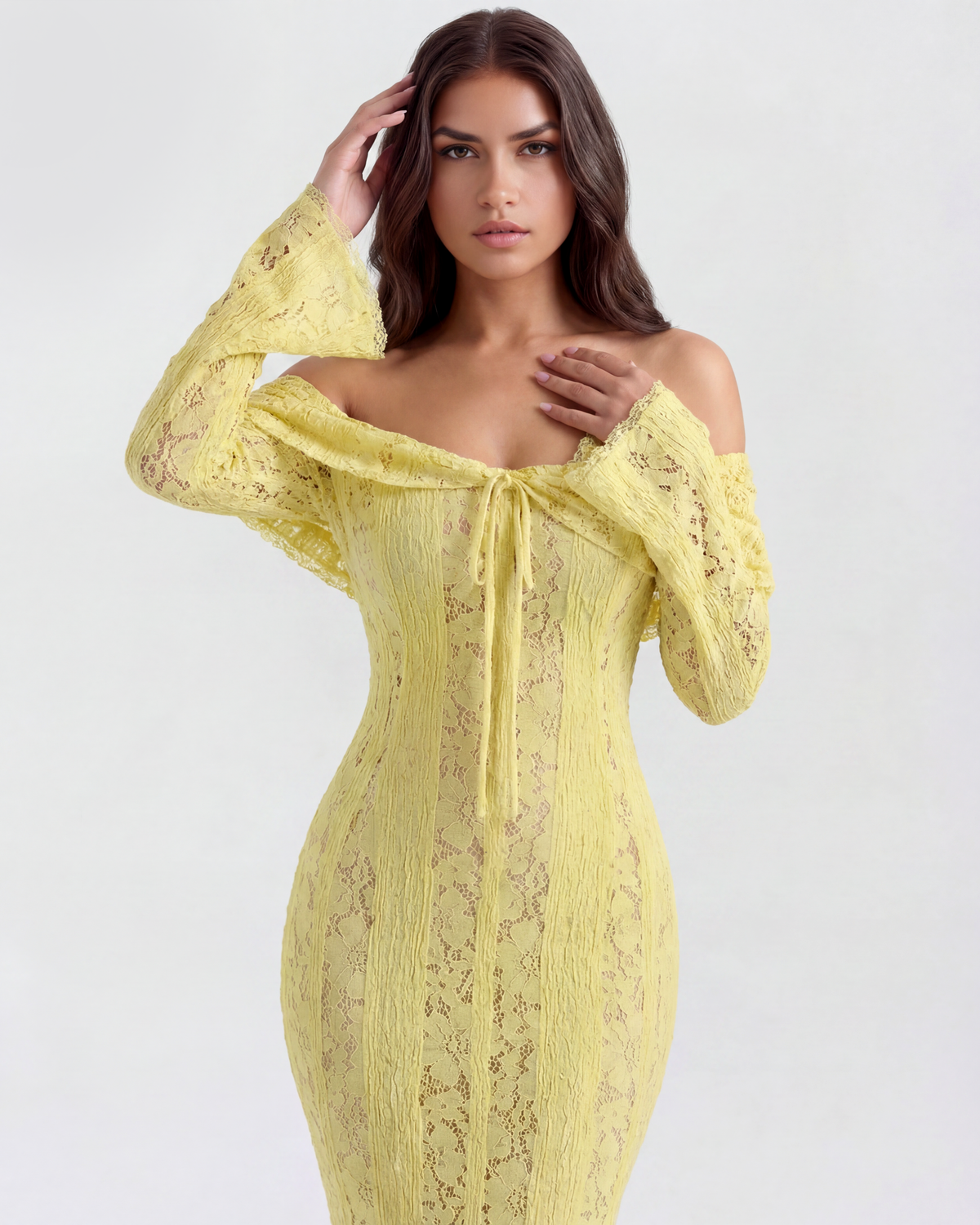 Alessandra Yellow Floral Lace Off-Shoulder Maxi Dress