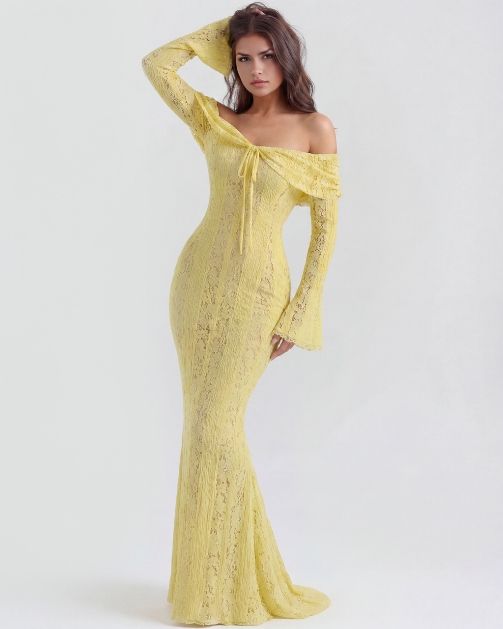 Alessandra Yellow Floral Lace Off-Shoulder Maxi Dress