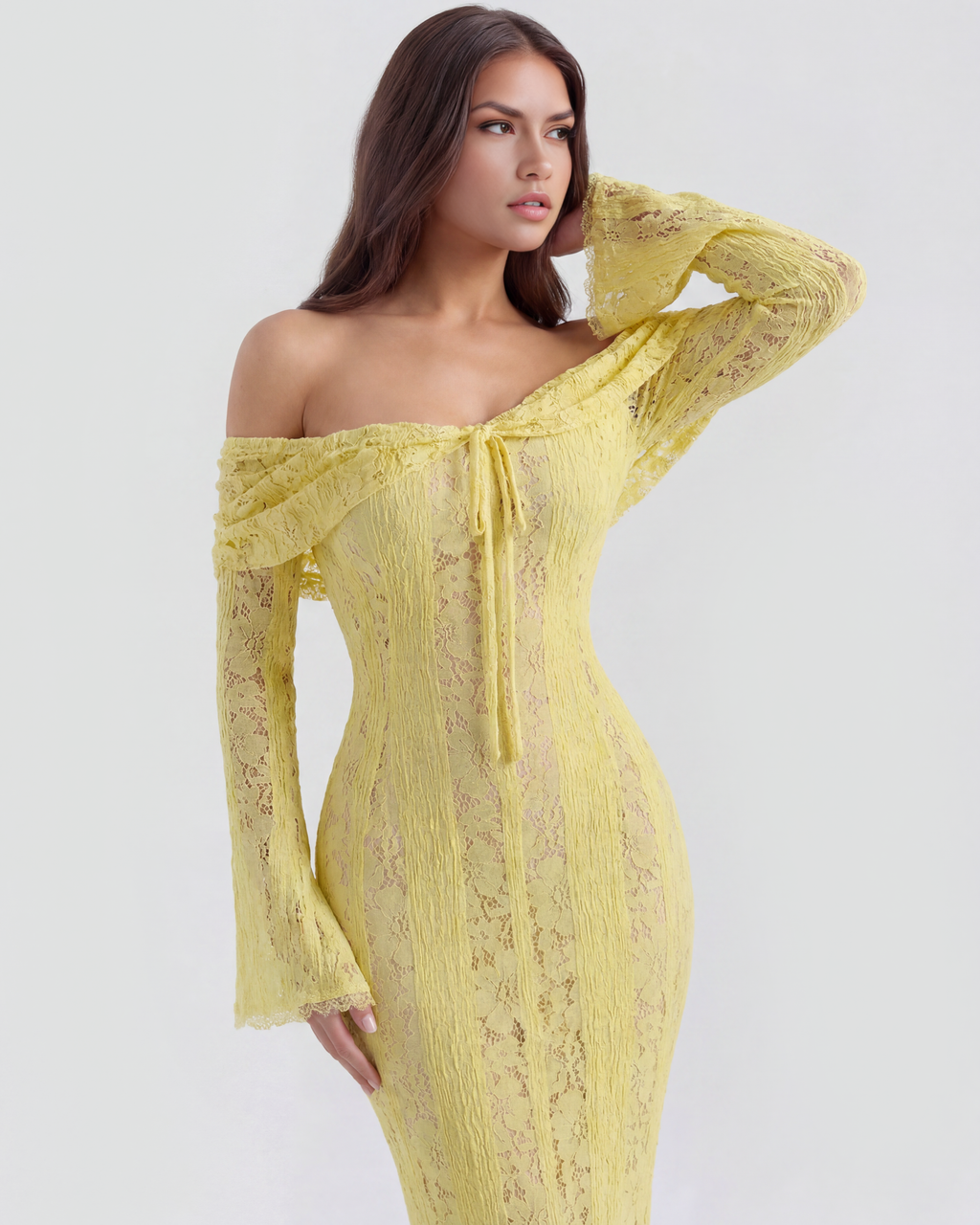 Alessandra Yellow Floral Lace Off-Shoulder Maxi Dress