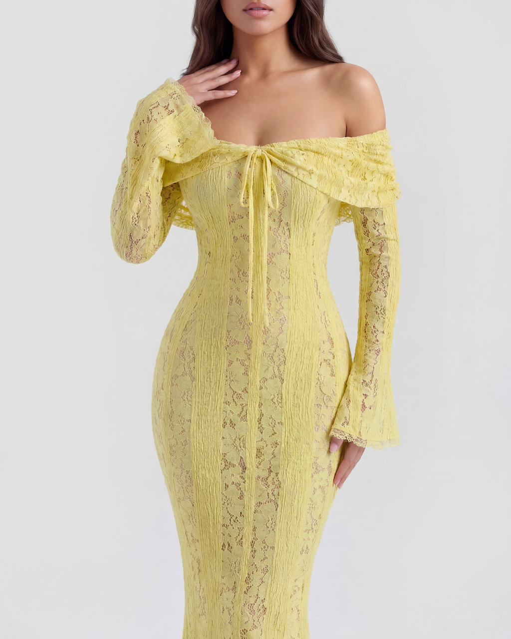 Alessandra Yellow Floral Lace Off-Shoulder Maxi Dress