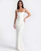 Adrienne White Satin Square-Neck Maxi Dress
