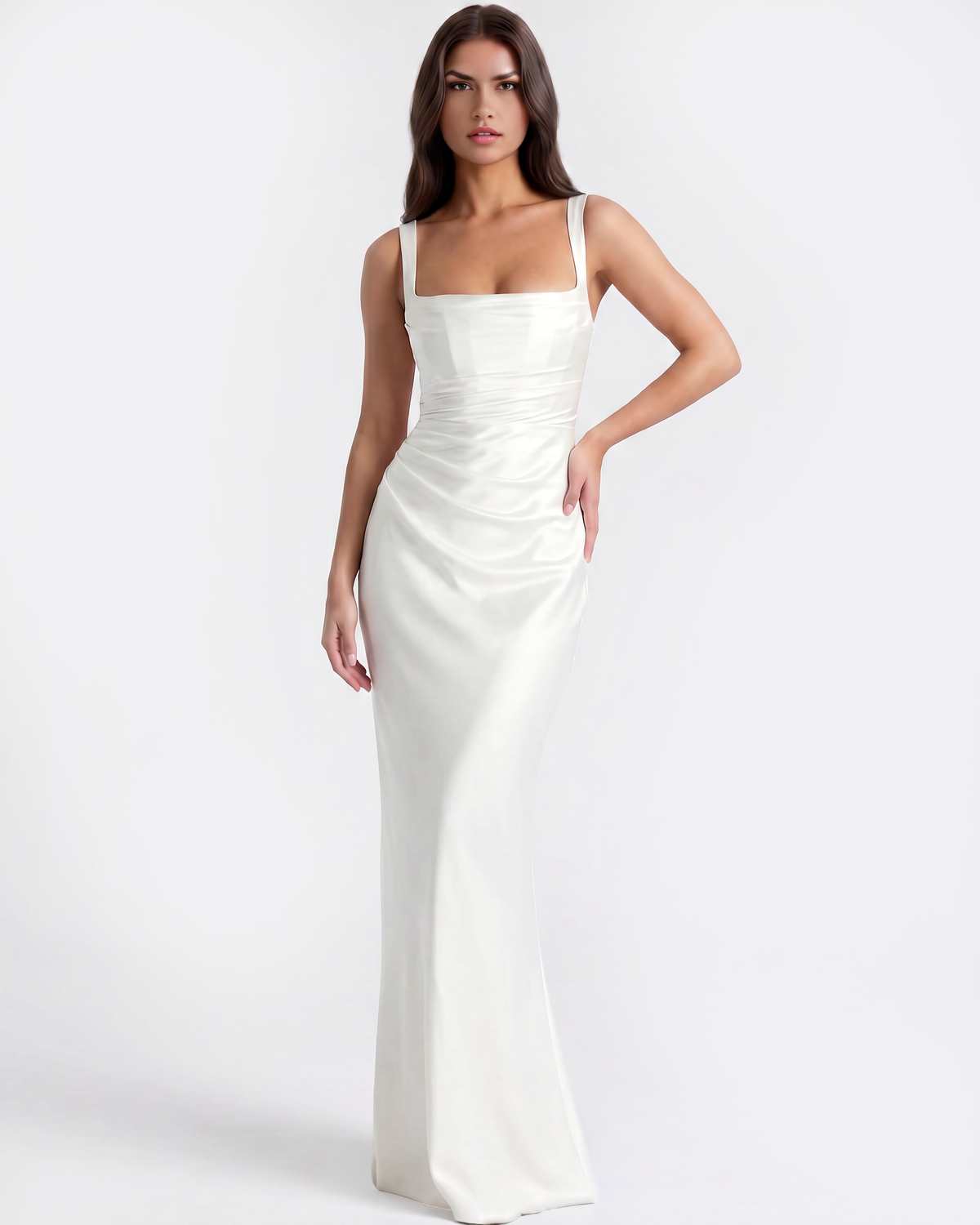 Adrienne White Satin Square-Neck Maxi Dress