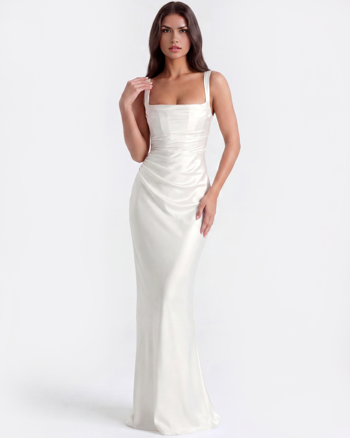 Adrienne White Satin Square-Neck Maxi Dress