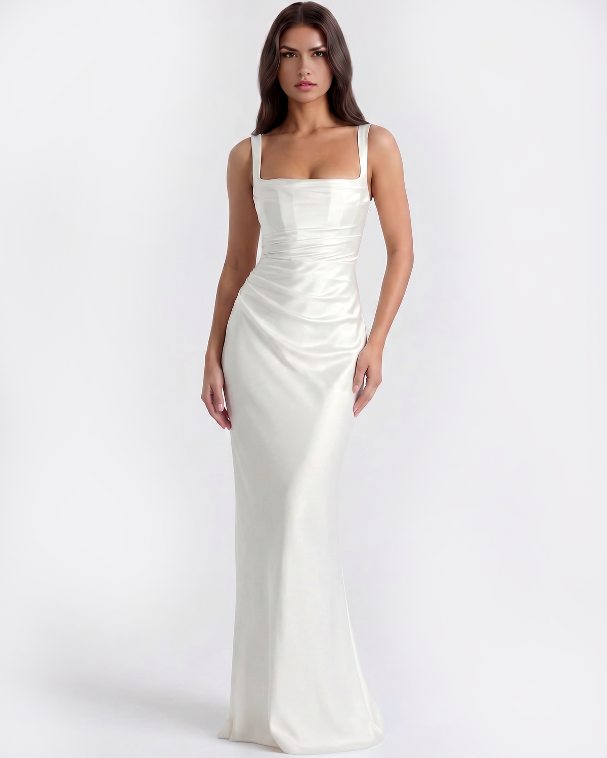 Adrienne White Satin Square-Neck Maxi Dress