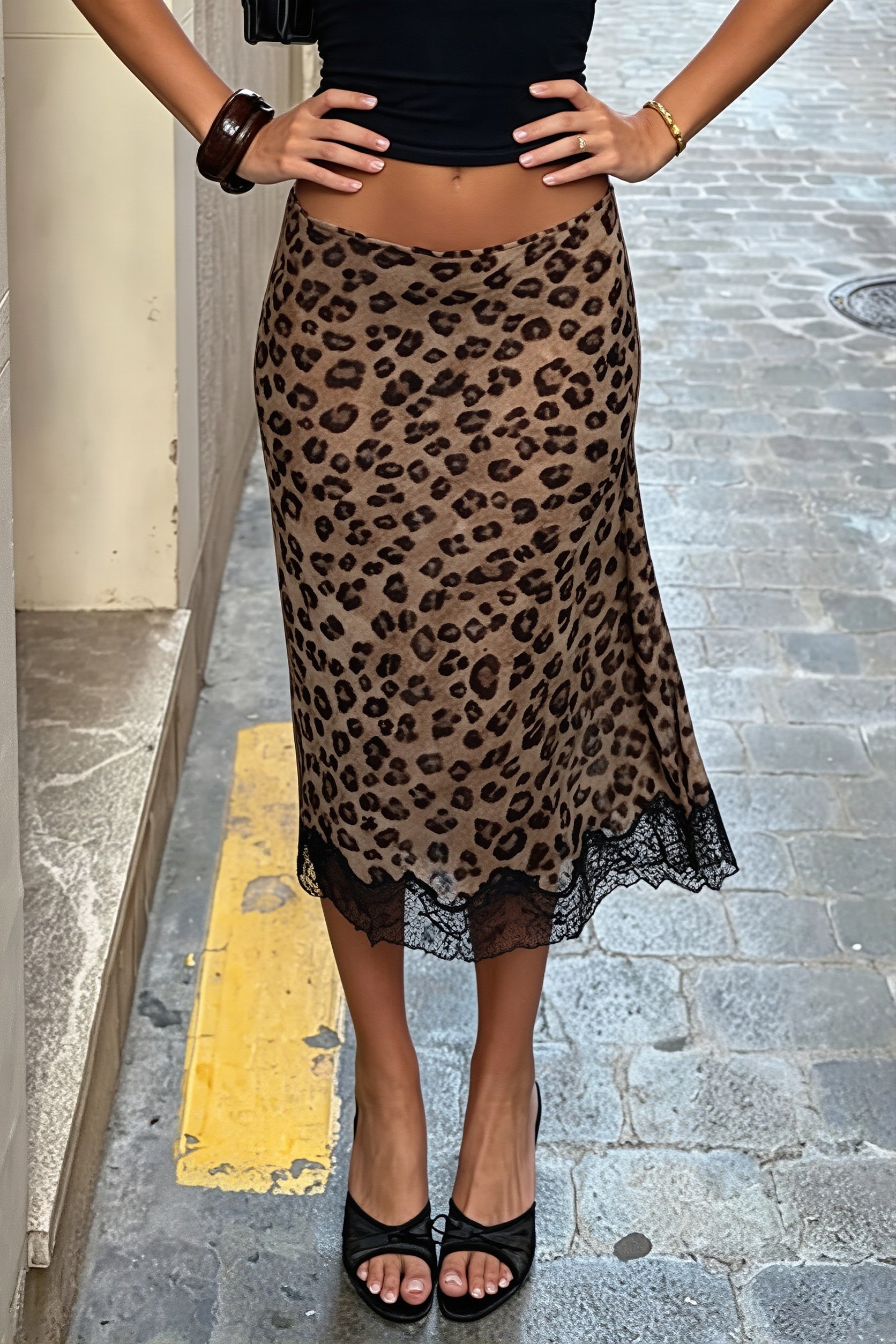 Leopard Lace-Mesh Low-Waist Skirt