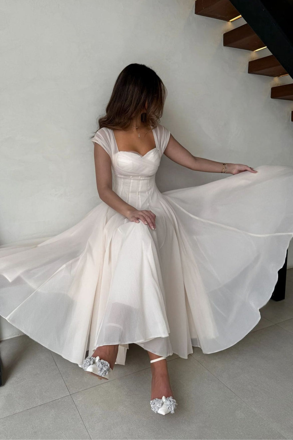 Mesh-Waist Flared Prom Dress
