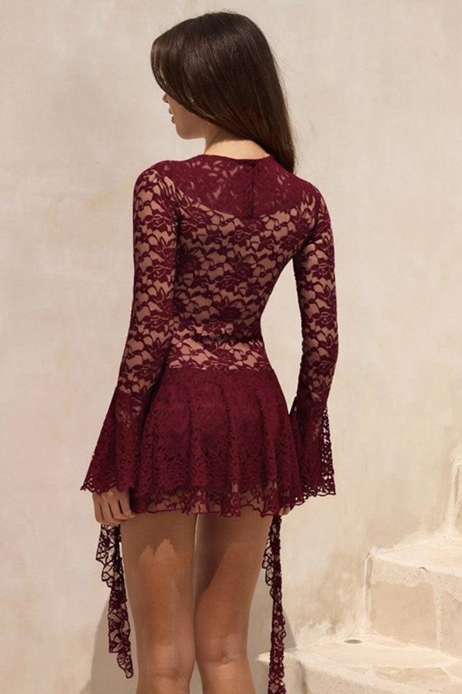 Lace Ruffle Long-Sleeve Mini Dress