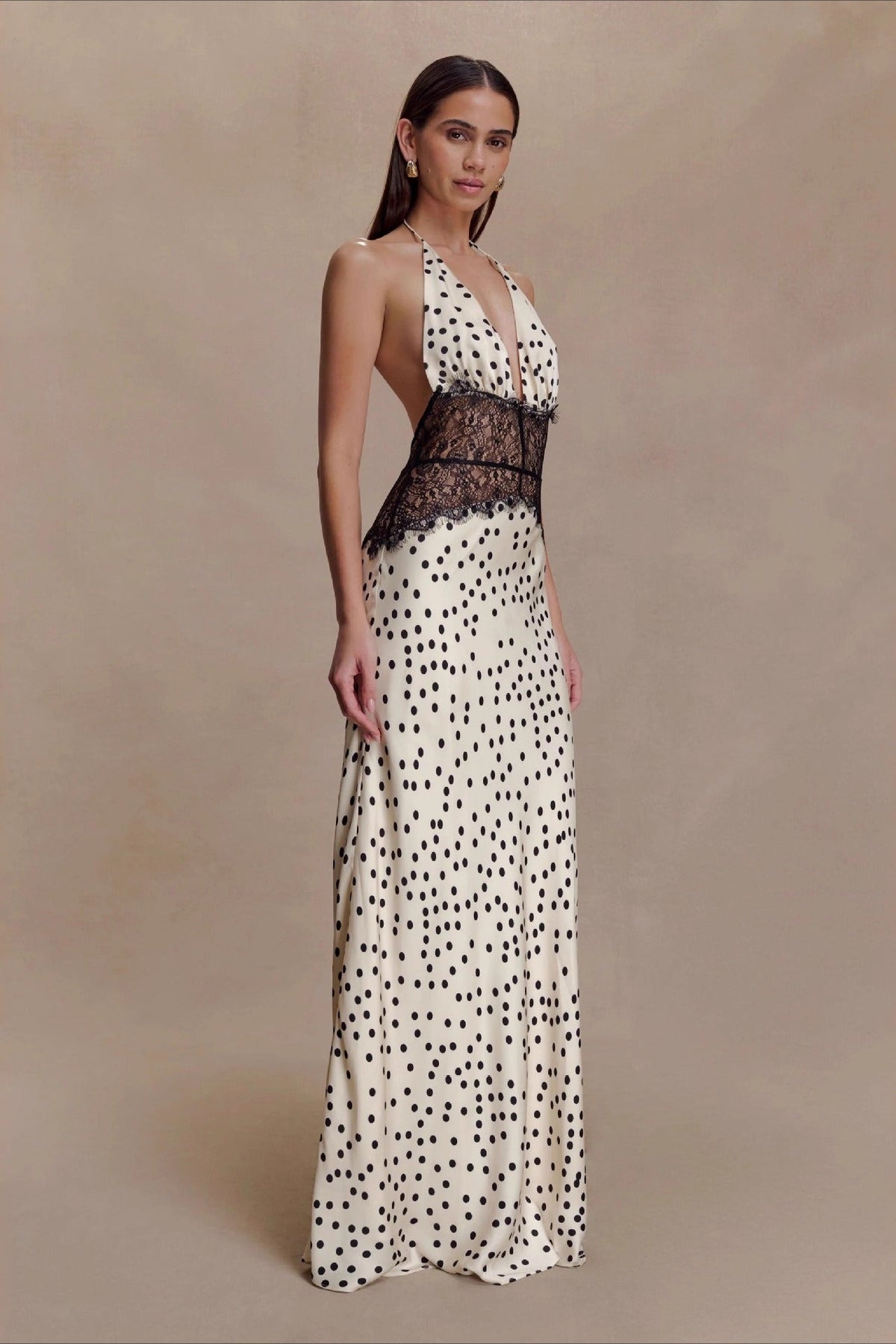 Polka Dot Lace-Patchwork Deep-V Maxi Dress