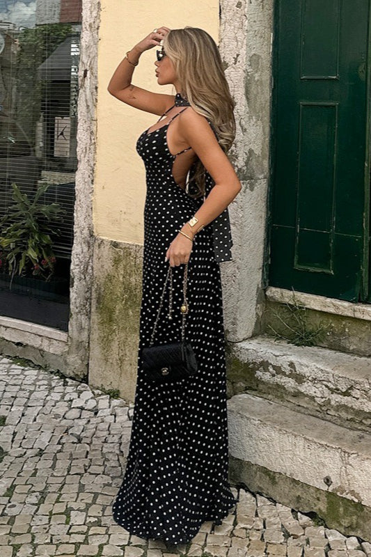 Polka Dot V-Neck Cami Backless Maxi Dress