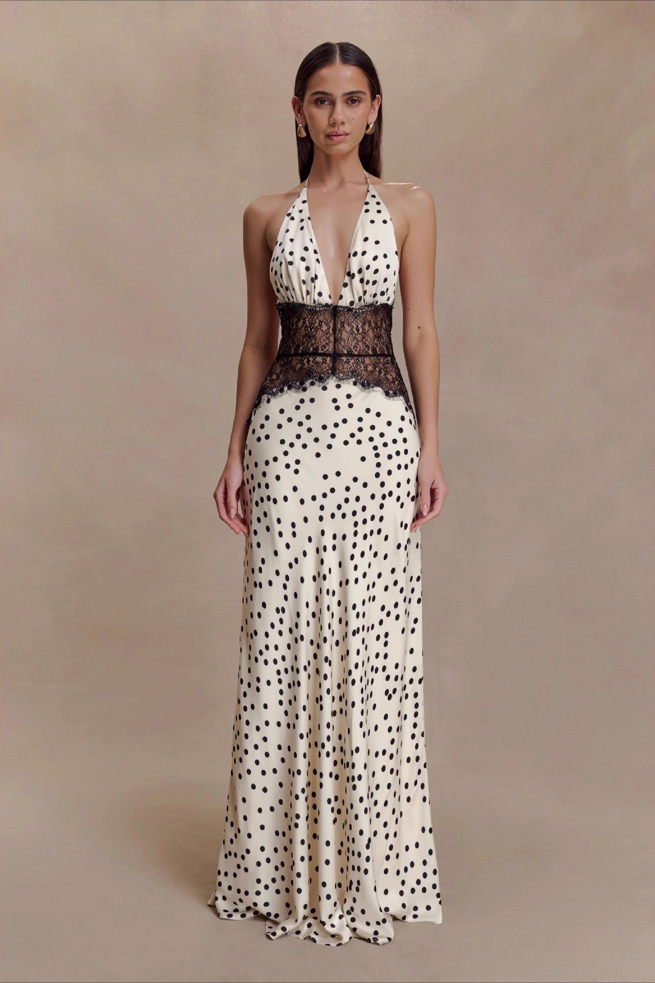 Polka Dot Lace-Patchwork Deep-V Maxi Dress