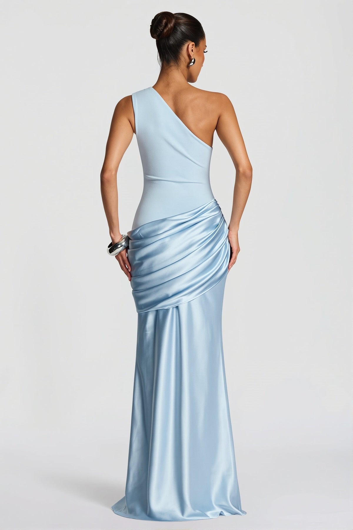 Satin-Splice Ruched Slim Maxi Dress