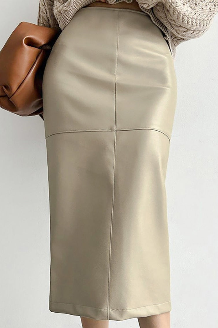 Faux Leather Side-Split Slim-Fit Midi Skirt