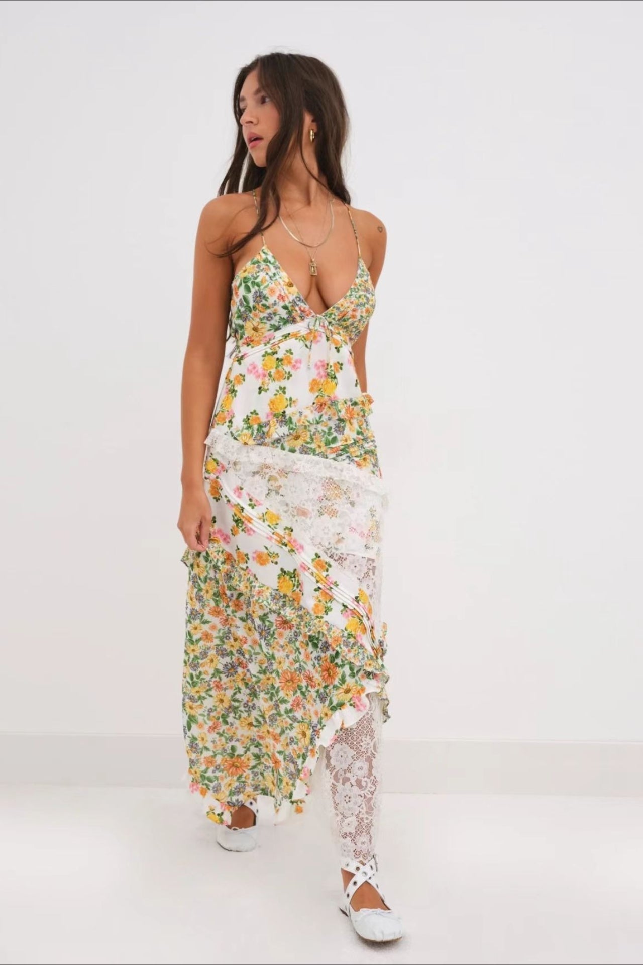 Floral Lace-Patchwork Ruffle Cami Maxi Dress
