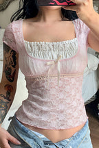Square-Neck Lace-Splice Slim Blouse