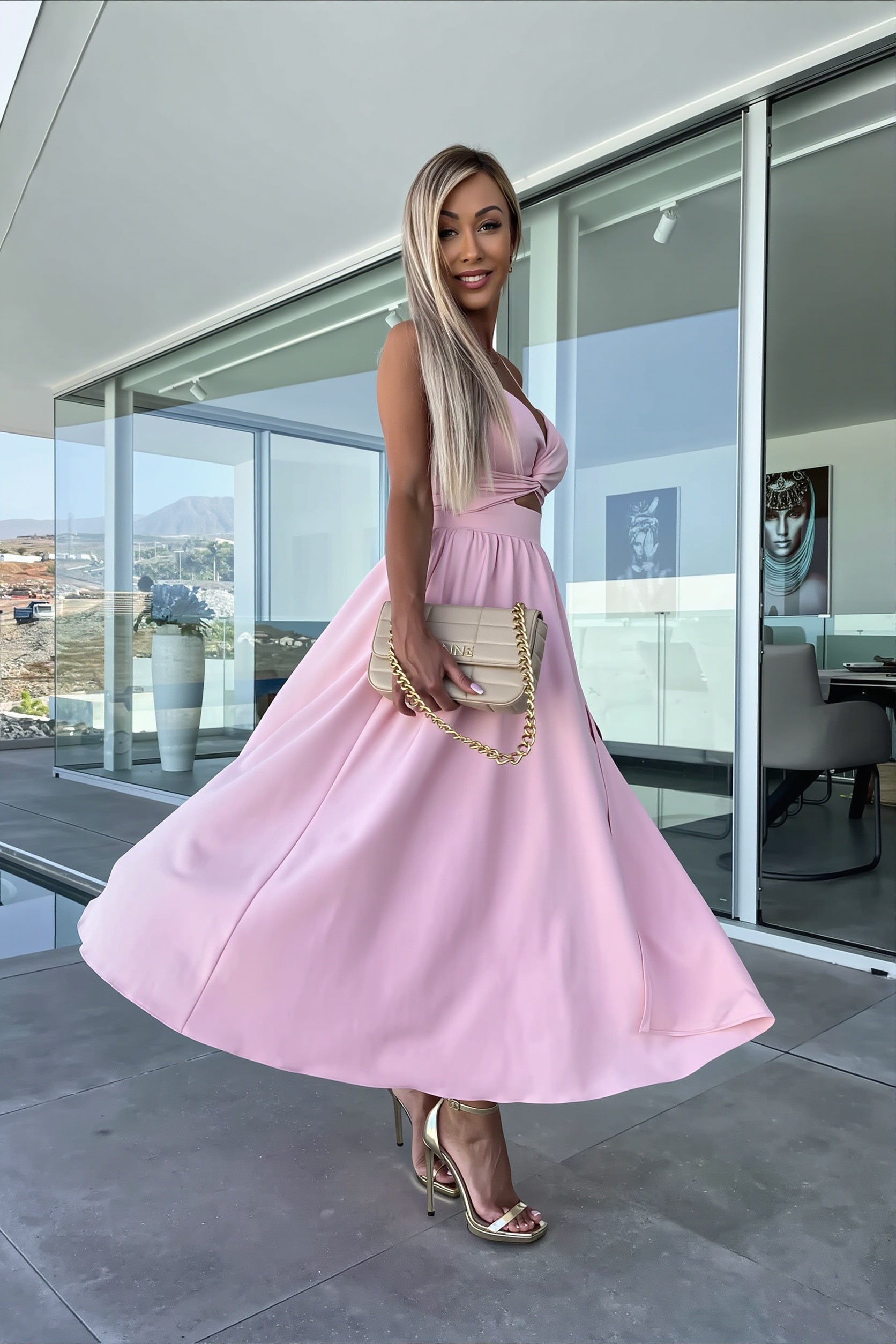 Deep-V Cutout Cami Swing Maxi Dress