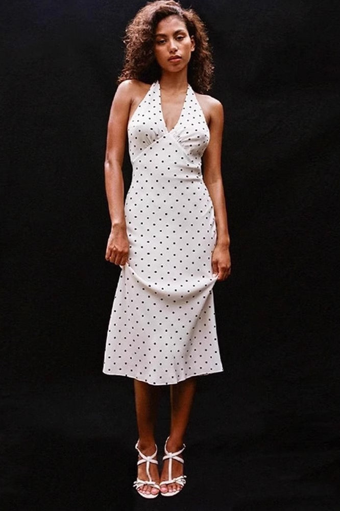 Retro Polka Dot Halter Midi Dress