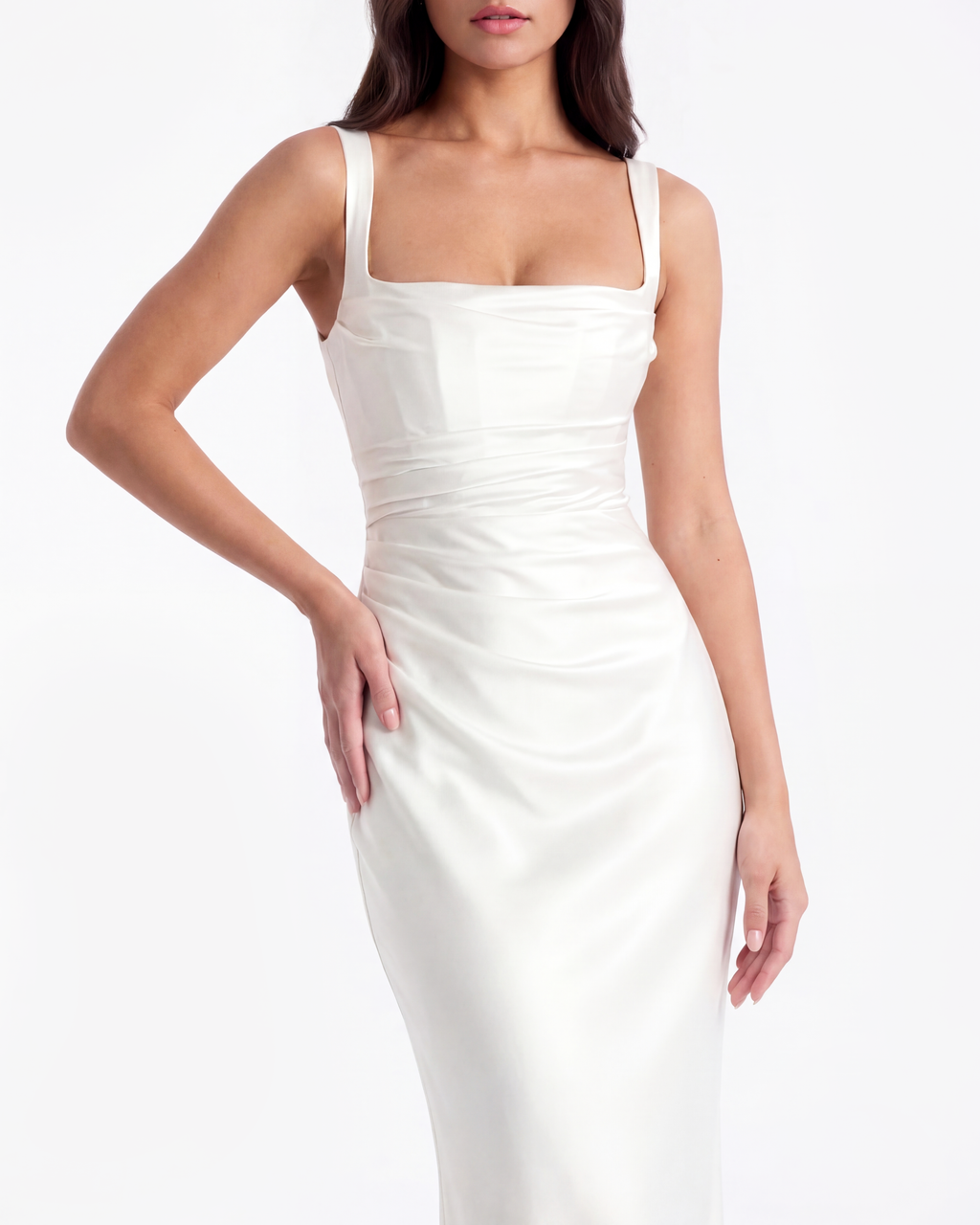 Adrienne White Satin Square-Neck Maxi Dress