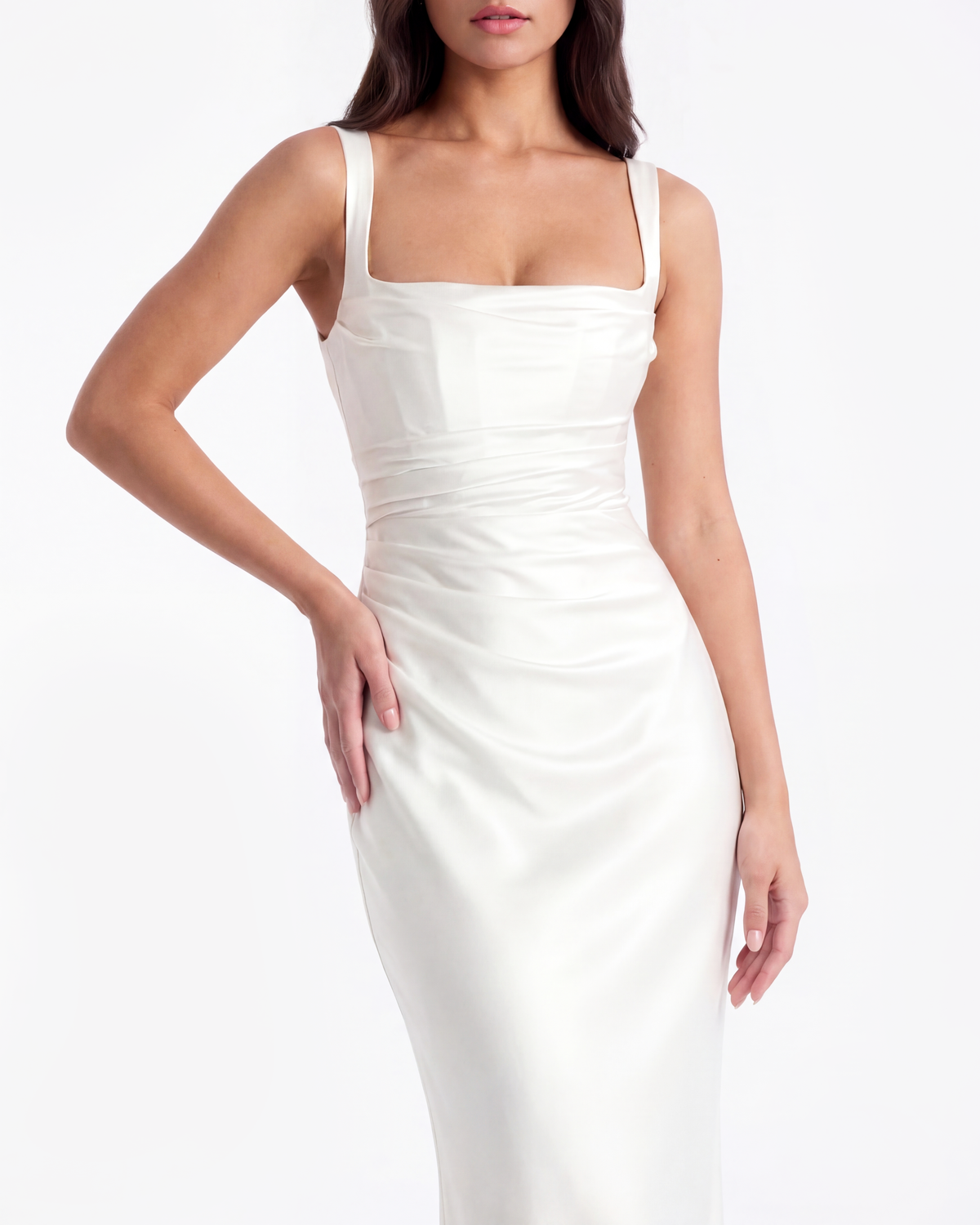 Adrienne White Satin Square-Neck Maxi Dress