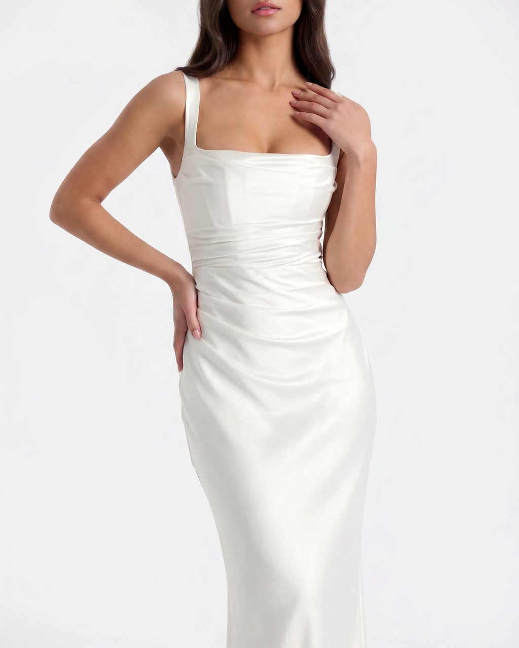 Adrienne White Satin Square-Neck Maxi Dress