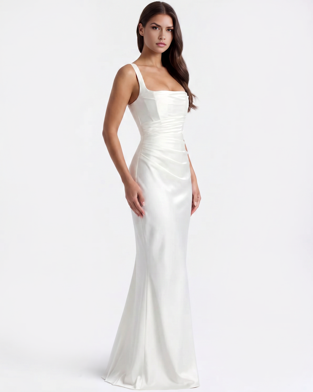 Adrienne White Satin Square-Neck Maxi Dress
