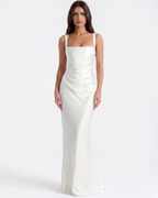 Adrienne White Satin Square-Neck Maxi Dress