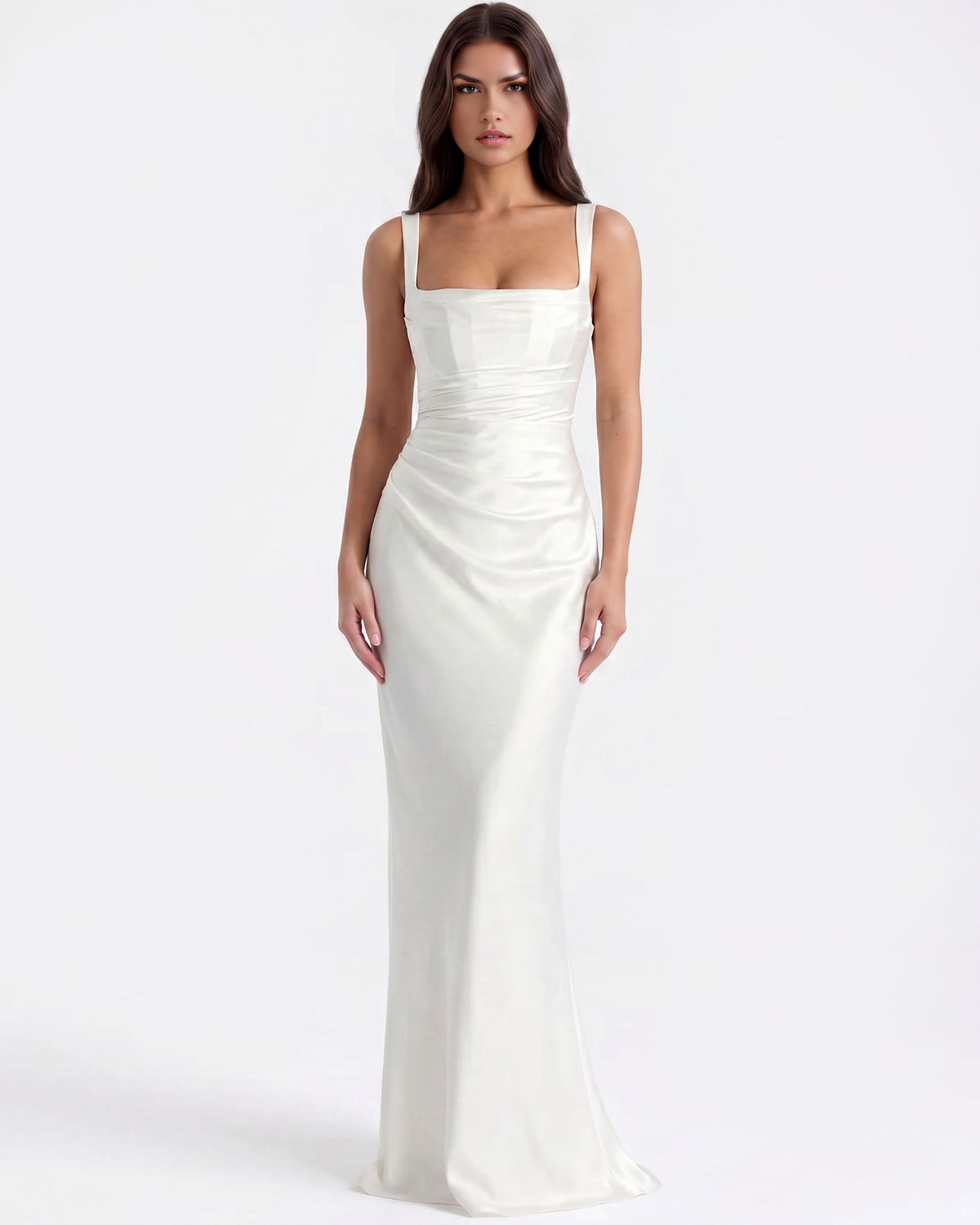 Adrienne White Satin Square-Neck Maxi Dress