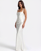 Adrienne White Satin Square-Neck Maxi Dress