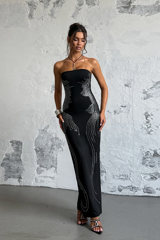 Rhinestone Strapless Off-Shoulder Maxi Dress