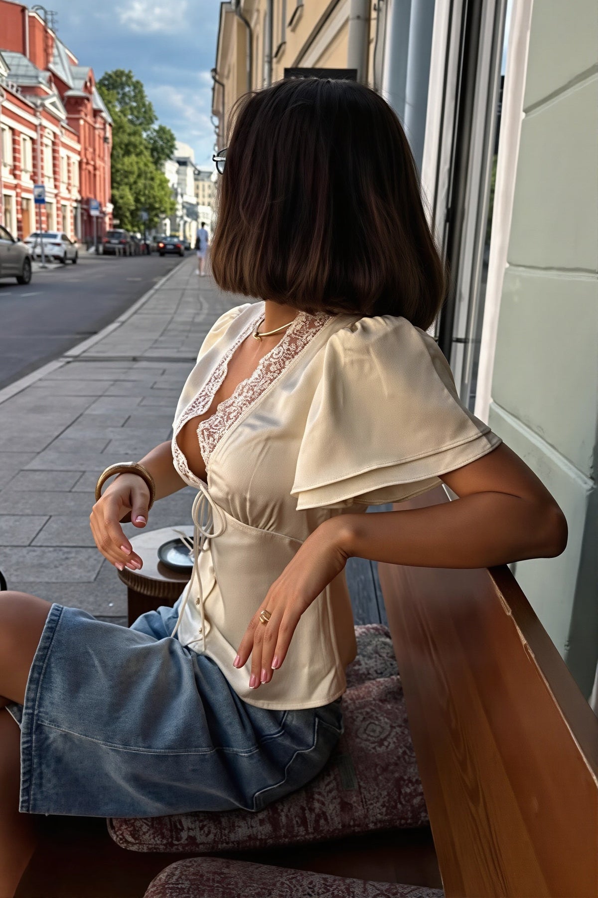 Lace-Satin Splice Tie Blouse