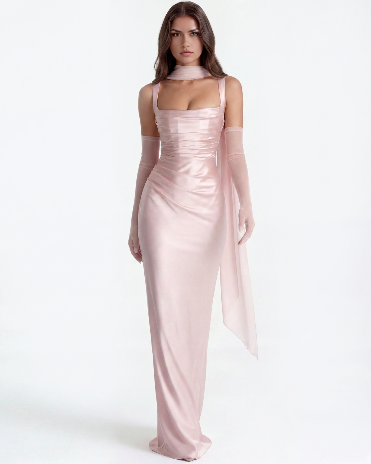 Adrienne Pink Satin Square-Neck Maxi Dress
