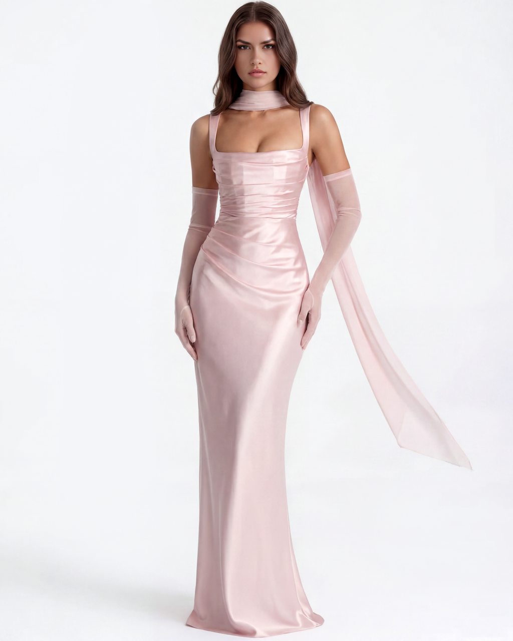 Adrienne Pink Satin Square-Neck Maxi Dress
