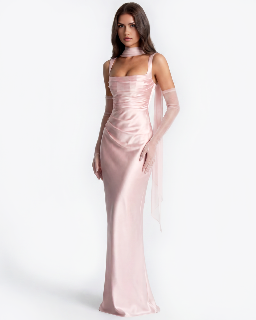 Adrienne Pink Satin Square-Neck Maxi Dress
