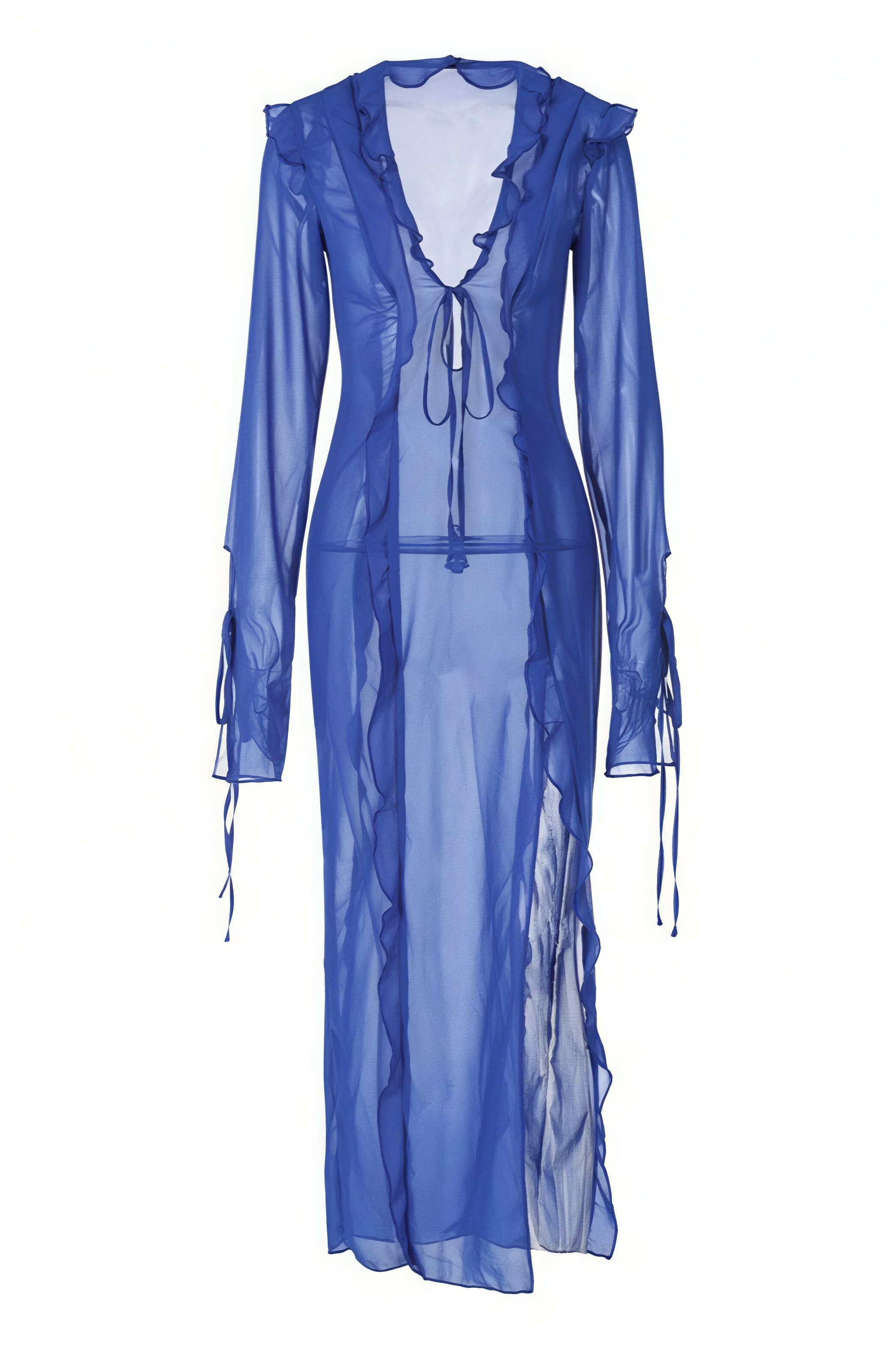 Sheer V-Neck Wrap-Tie Slit Maxi Dress