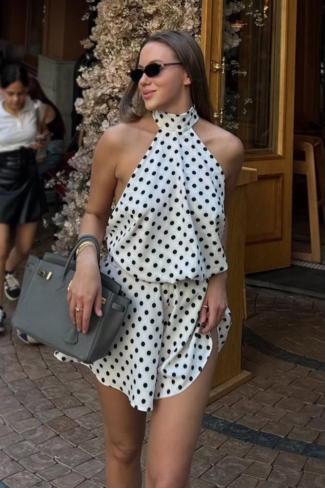 Polka Dot Halter Tie Backless Mini Dress